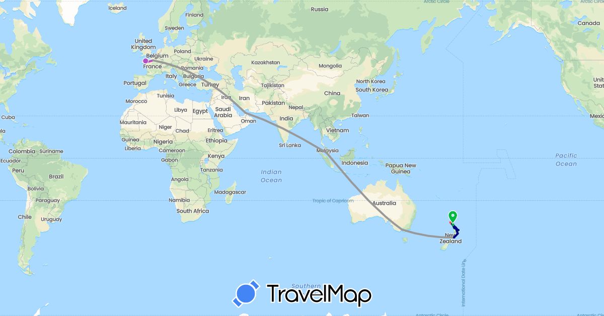 TravelMap itinerary: driving, bus, plane, train, hiking in Australia, France, New Zealand (Europe, Oceania)